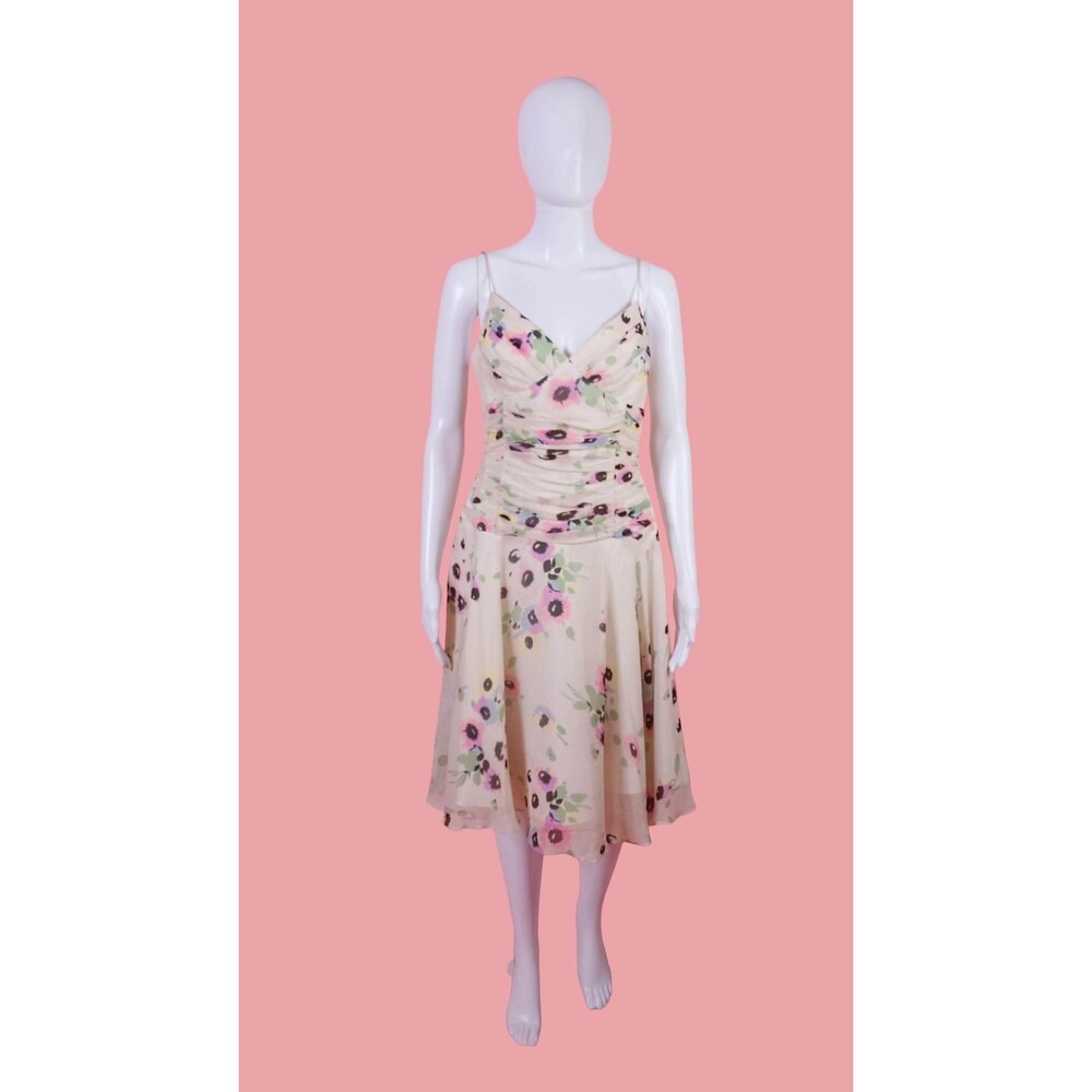 Y2K BETSEY JOHNSON New York Floral Silk Dress W/Ruched Bodice. Small-Medium